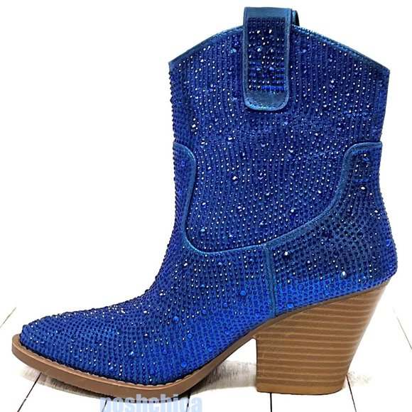 Shoes - New Women Blue Rhinestone Blingy Cowboy Western Ankle Boots Booties